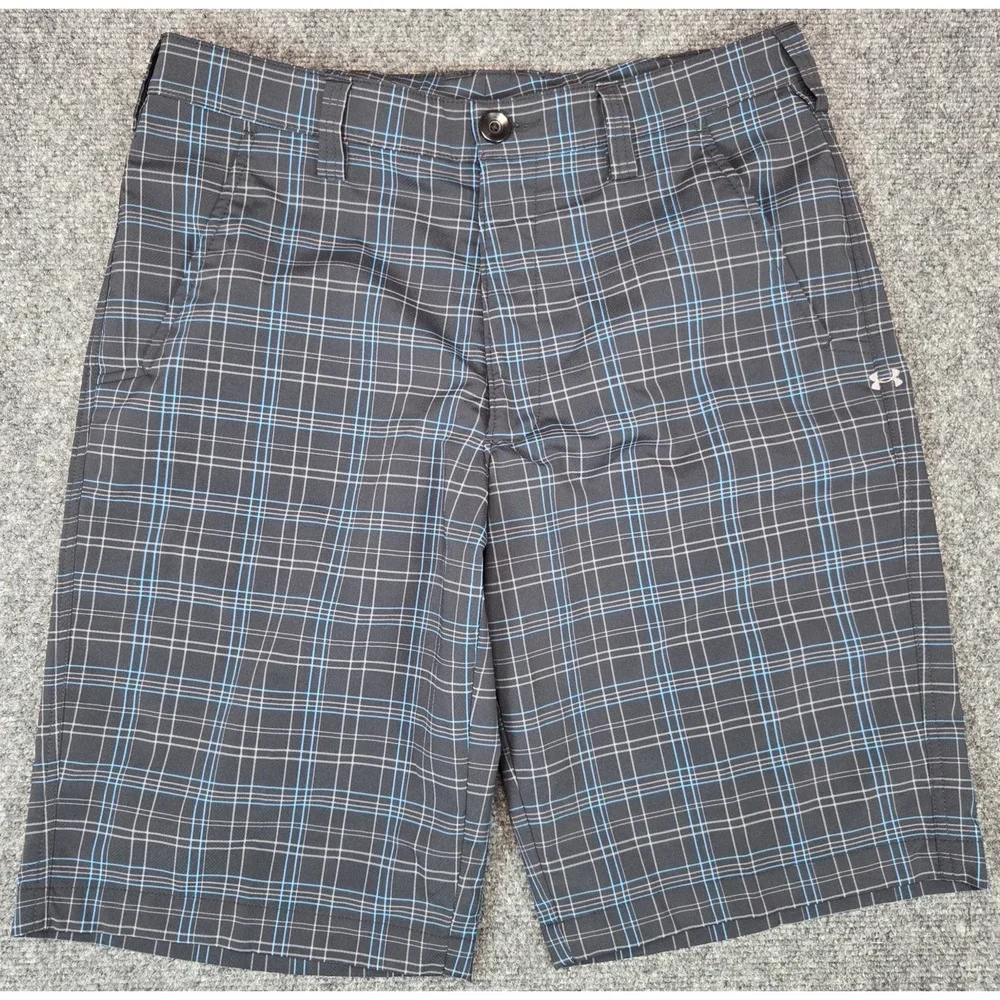 Under Armour Performance Golf Shorts Mens 32 Plaid Black Blue Flat Front